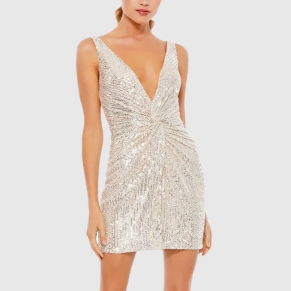 Silver sequin twist cocktail mini dress
